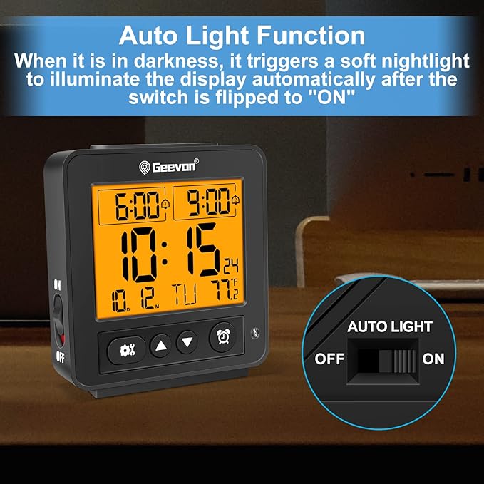 Geevon Small Atomic Travel Alarm Clock with Auto/8s Backlight, 2 Alarm Settings, Temperature, Increasing Beep Sounds Digital Atomic Travel Clock Battery Operated for Bedroom, Bedside, Black