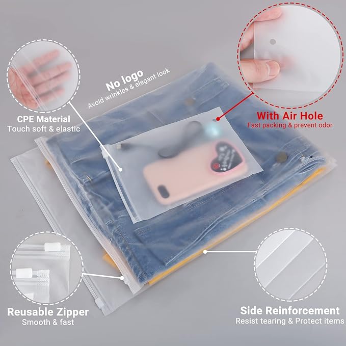 Svaldo Clothes Packaging Bags for Shipping, 100 Count 11x15 inch Frosted Zipper Plastic Bags for Clothing, Thick Plastic Bag for Packaging T-Shirt, Shirt, Document, 3 Mil, with Vent Holes Storage Bag