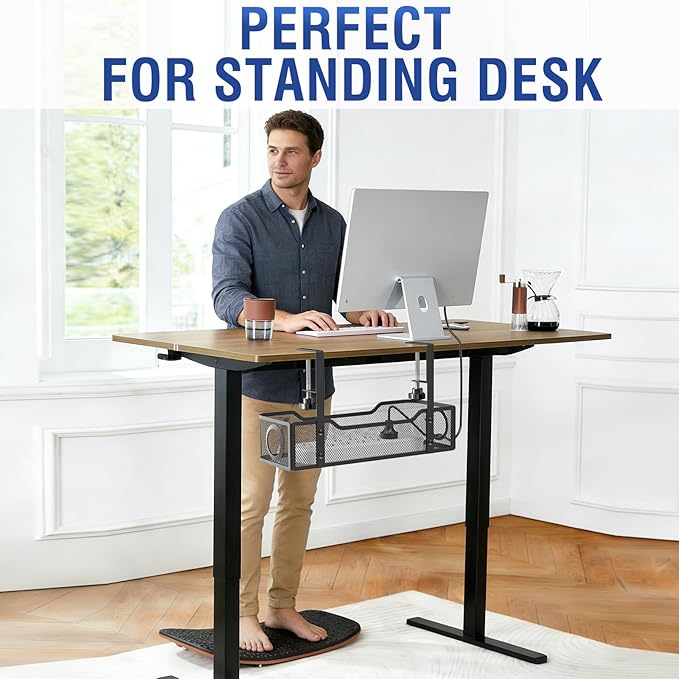 Under Desk Cable Management Tray, GZOKMOG Cord Management with Upgraded Clamp No Drill, Metal Cable Management Box for Home Office, Wire Management for Standing Desk, 2 Pack Black, 13.38 inch