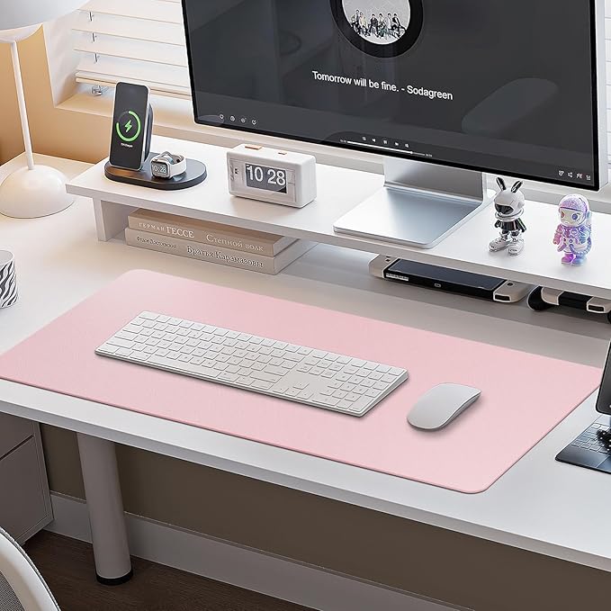 Boutilon Leather Desk Pad Protector,Non-Slip Mouse Pad,Laptop Desk Pad,Office Mouse Mat,Waterproof Leather Desk Blotter,Desk Writing Pad for Office and Home (S-Light Pink,24"x 14")