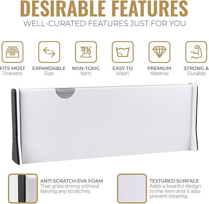 RAPTUROUS Adjustable Deep Drawer Divider – 5" Tall, Expandable 13-22", 5-Pack, Non-Slip Drawer Dividers for Clothes, Dresser, Kitchen & Office Organization (White)