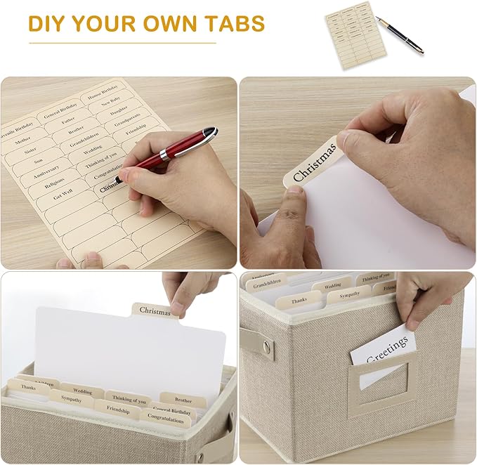 Greeting Card Organizer Box with 16 Dividers,Collapsible Greeting Card Storage Box with Handles Hold 150+ Cards,Greeting Card Holder for Greeting Cards,Sticker, Recipes, Photo, Envelope (Beige, 1 pcs)