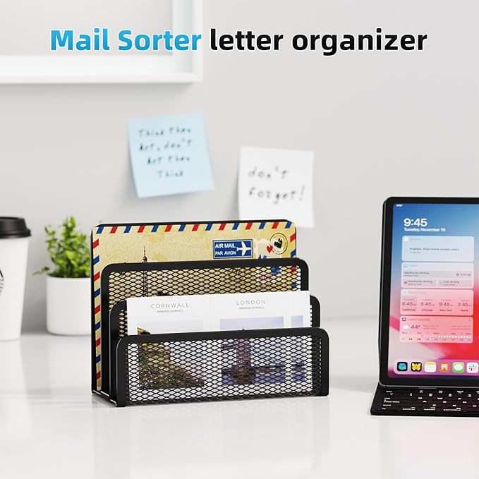 Marbrasse Mail Organizer for Desk, 3-Slot Mesh Metal Mail Holder countertop, Letter Holder, Office Desktop Envelope and Document Storage Rack (Black)