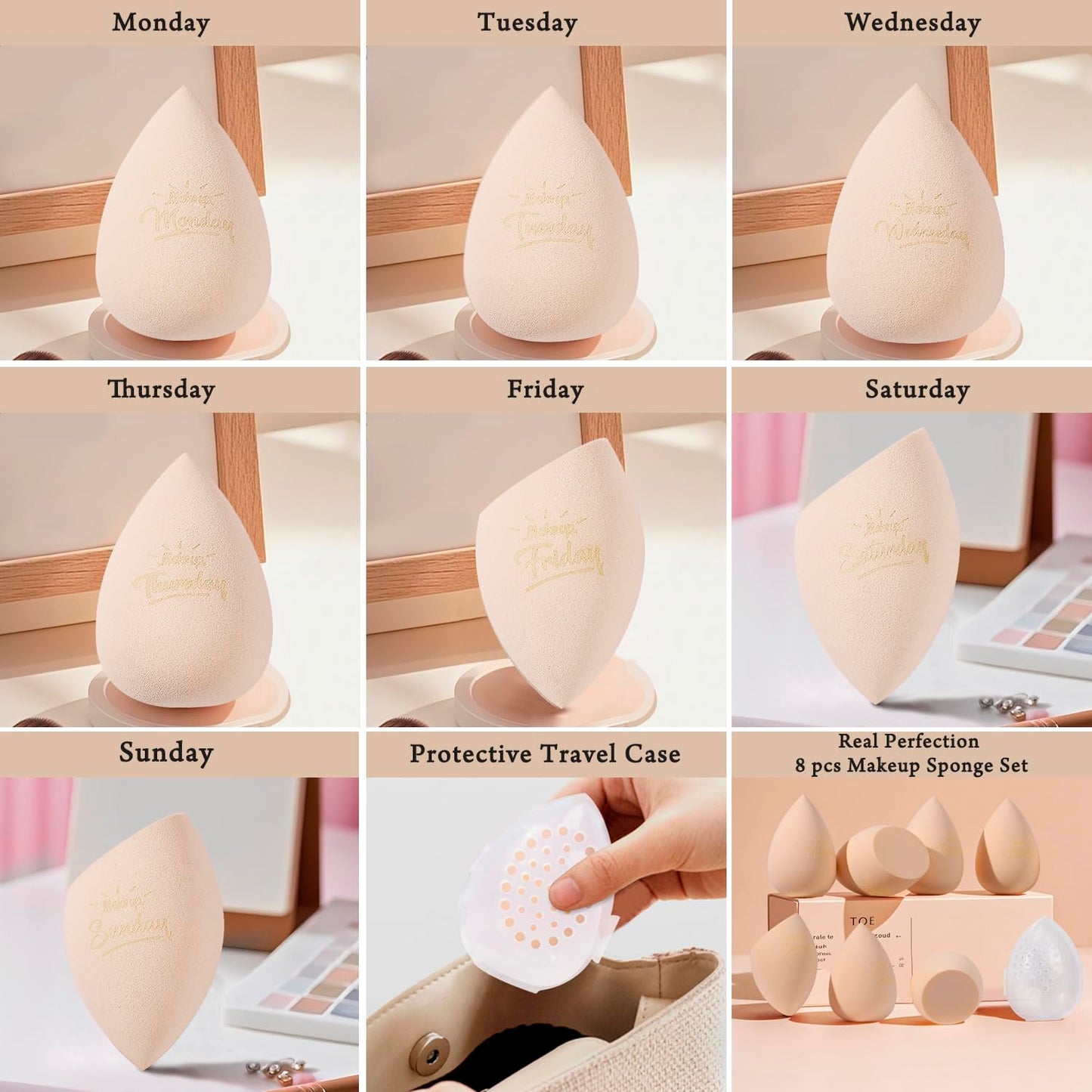 Real Perfection Makeup Sponge Set Blender Sponges, Latex-Free Beauty Makeup Sponges 7 pcs with 1 Travel Container Case for Blending Foundation Liquid Cream and Powder (Beige)