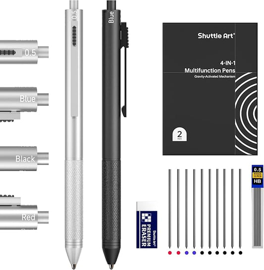 Shuttle Art 4 in 1 Multicolor Pen, 2 Pack Retractable Ballpoint Pens with 1.0mm Black Blue Red Ink and 0.5mm Mechanical Pencil, Multifunction Pens Gift Set for Writing Note Taking School Office Home