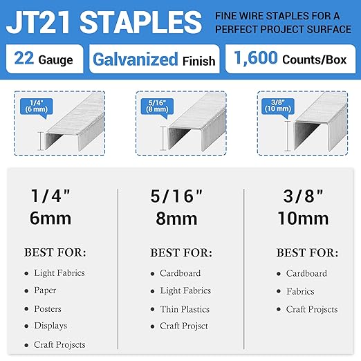 meite JT21 Staples, 1/4 Inch Galvanized Fine Wire Staples for Staple Gun - 7/16" Crown JT21 Staple Refill, Ideal for Upholstery, Crafts, Furniture (1 Case)