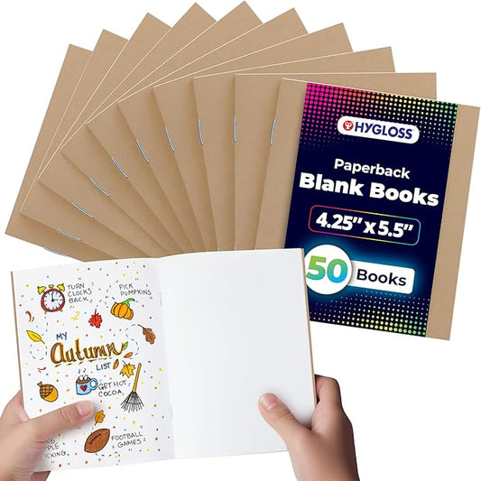 Hygloss Blank Books - Bulk 50 Pack – 4.25" x 5.5" A6 Kraft Paperback Blank Books for Kids to Write Stories, Doodle, Arts & Crafts – Plain Drawing Sketchbook, Unlined Journal, Notebook Without Lines