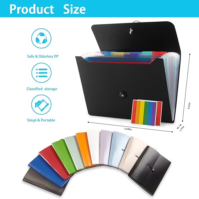 Nicfaec Expanding File Folder with 13 Pockets,Polypropylene, 12.99" x 9.45" x 1.1"for Work, School, Home, Office, Blackwhite(2Pack)