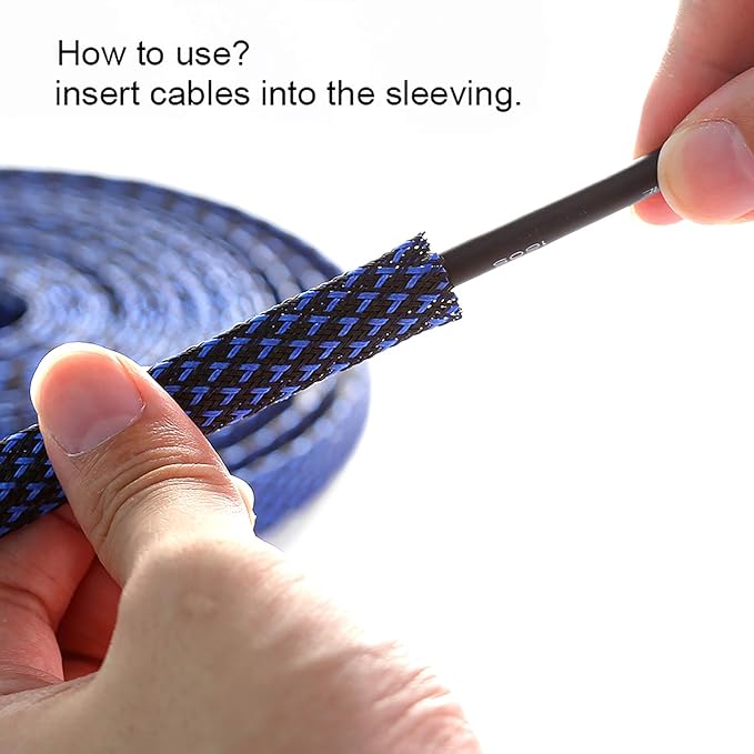 100ft - 3/4 inch PET Expandable Braided Sleeving – BlackBlue – Alex Tech Braided Cable Sleeve