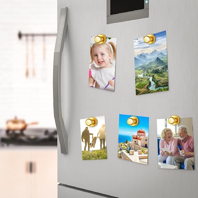 Junarter 12 Pack Magnetic Push Pins, Gold Fridge Magnets, Whiteboard Magnets, Refrigerator Magnets Strong, Dry Erase Board Magnets for Fridge, Whiteboard, Office, Classroom, Kitchen, Map