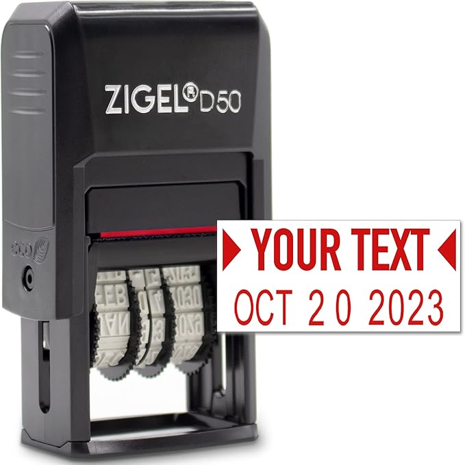 ZIGEL D50 Date Stamp with Your Custom Text - Self Inking Date Stamp - Red