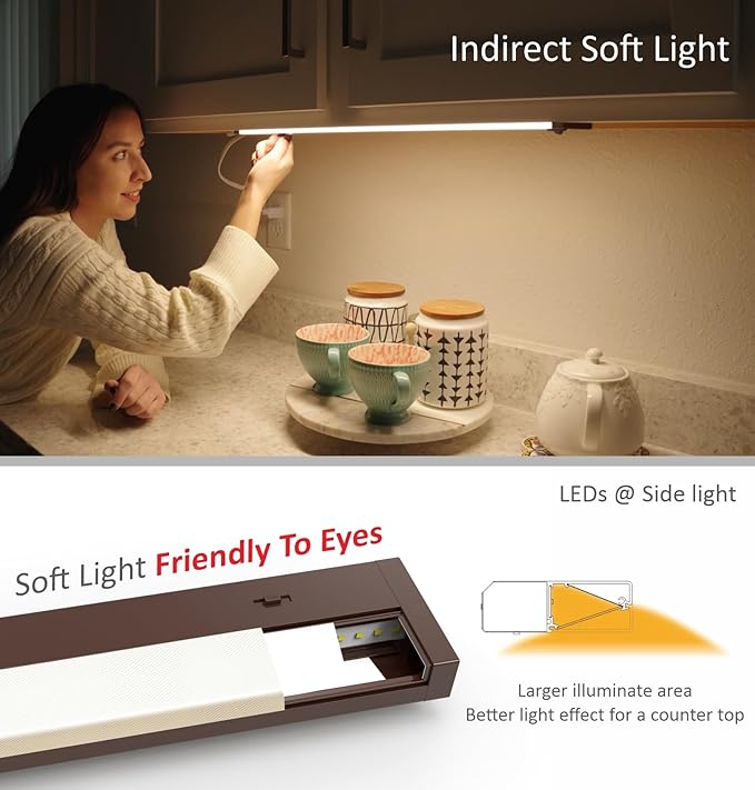 Leetdud LED Under Cabinet Lighting Hardwired or Plug in, 24 Inch 12W, Dimmable 5 Color 2700K/3000K/3500K/4000K/5000K, Linkable Eyes Care Design Counter Lights for Kitchen, Sink, ETL Listed, Bronze