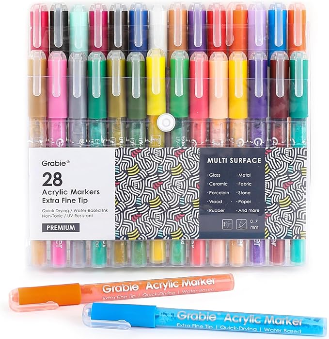 Grabie Acrylic Paint Pens Markers, 28 Colors, 0.7 mm, Extra Fine Tip Drawing Markers, Premium Paint Pens for Painting on Various Surface, Art Supplies, Set of 28