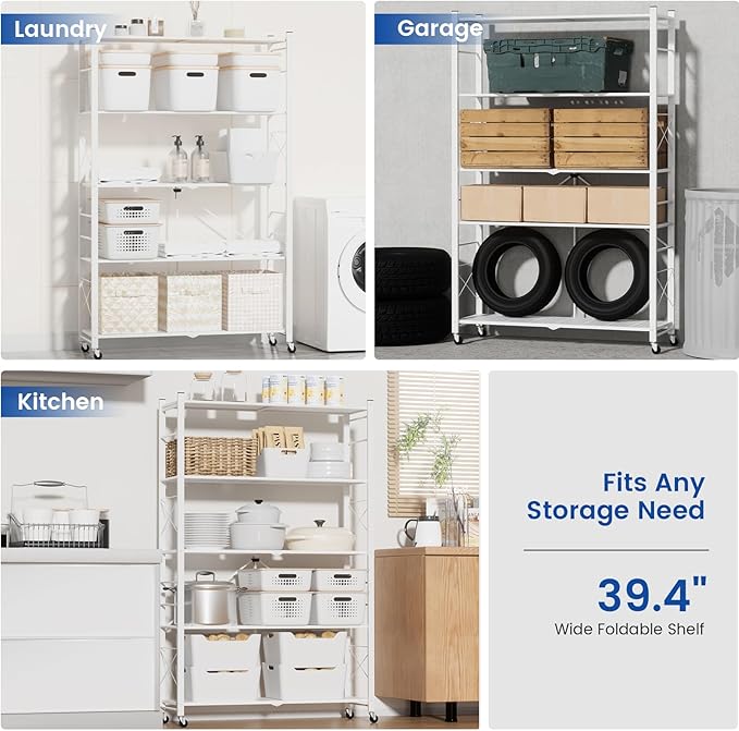 ALANNG 40" W Foldable 5-Tier Storage Shelves with Wheels, Adjustable & Removable Metal Rack, Heavy Duty Rolling Organizer for Kitchen, Garage, Closet, Pantry, and Office (White,1 Pack)