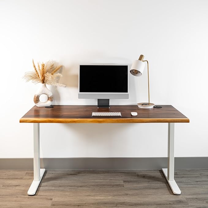 Standing Desk – Walnut Solid Wood Desk, Natural Live Edge, Adjustable Height Dual Motor, Sit Stand for Home Office (White, W60 x D27)