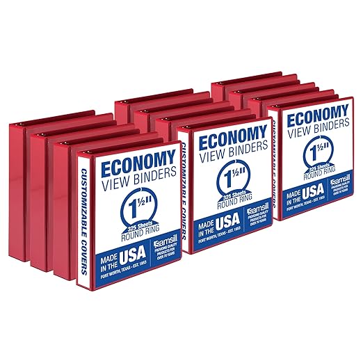 Samsill 1.5 Inch 3 Ring Binders, Made in USA, Economy Round Ring, Clear View Cover, 325 Sheet Capacity - for School, Home, Office - Red, 12 Pack
