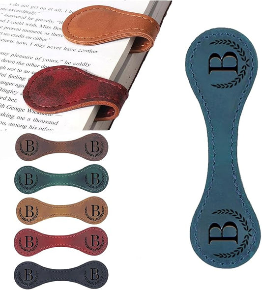 Personalized Magnetic Leather Bookmark, 26 Letters Custom Leather Bookmarks, Handmade, Leather Magnetic Bookmark for Book Lovers Readers Women Kid(Blue，B）