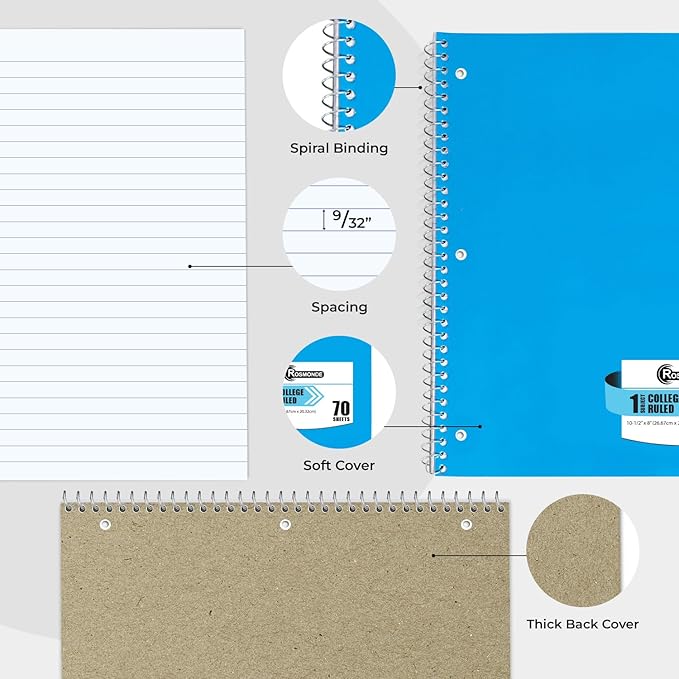 Rosmonde 1 Subject Notebook College Ruled, 6 Pack, 70 Sheets (140 Pages), 8 x 10-1/2", 3 Hole Punched Notebooks, Thick No-Bleed Paper, Sturdy Back, College Ruled Notebook for School, Assorted Colors