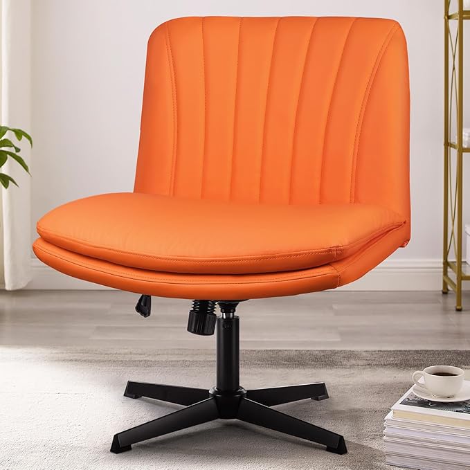 PUKAMI Criss Cross Legged Office Chair,Armless Office Desk Chair No Wheels,PU Leather Modern Swivel Vanity Chair,Height Adjustable Wide Seat Mid Back Computer Task Chair for Home Office