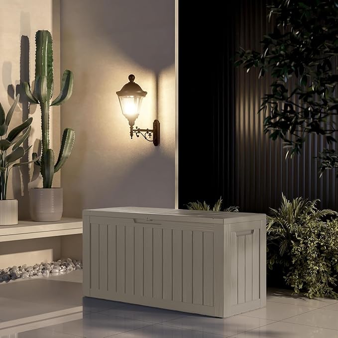 PATIOEASY Outdoor Storage Box 80GAL Waterproof Resin Deck Box,UV-Resistant Lockable Delivery Bin for Garden Tools,Small Outside Cushions,Pool Accessories Supplies,Chest,Furniture,Package,Grey
