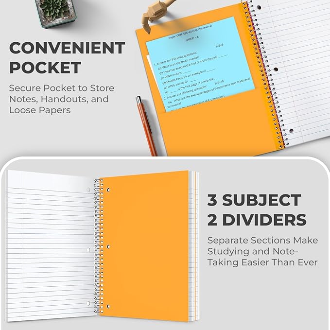 Rosmonde 3 Subject Notebook College Ruled, 6 Pack, 150 Sheets(300 Pages), No-Bleed Paper, 3 Hole Punched, 8x10-1/2, 3 Subject Spiral Notebook for School, Home & Office, Assorted Colors