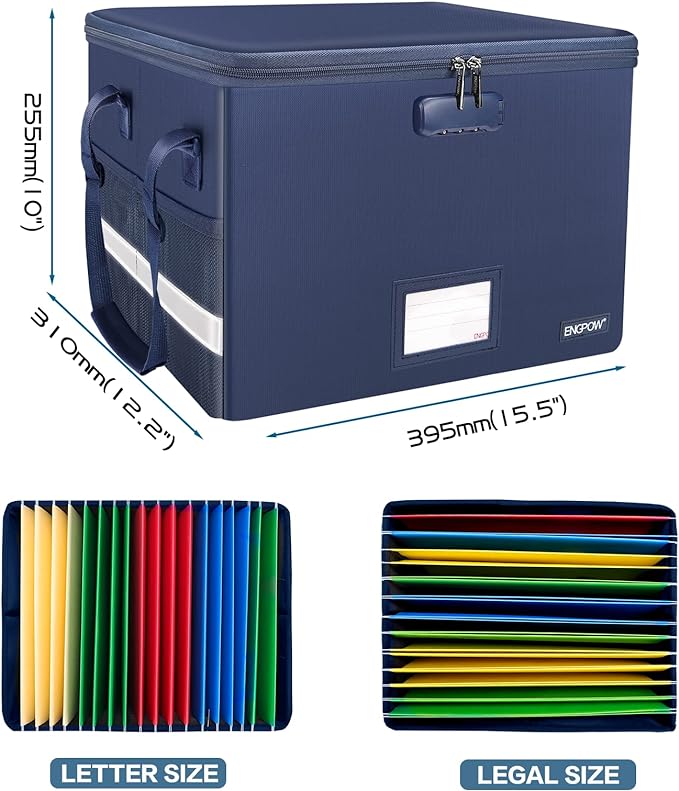 ENGPOW File Box with Lock, Fireproof Document Box with Pockets, Collapsible File Organizer Filing Storage Cabinet with Handle, Portable Home Office Safe for Hanging Letter/Legal Folders, Blue, 2 Pack