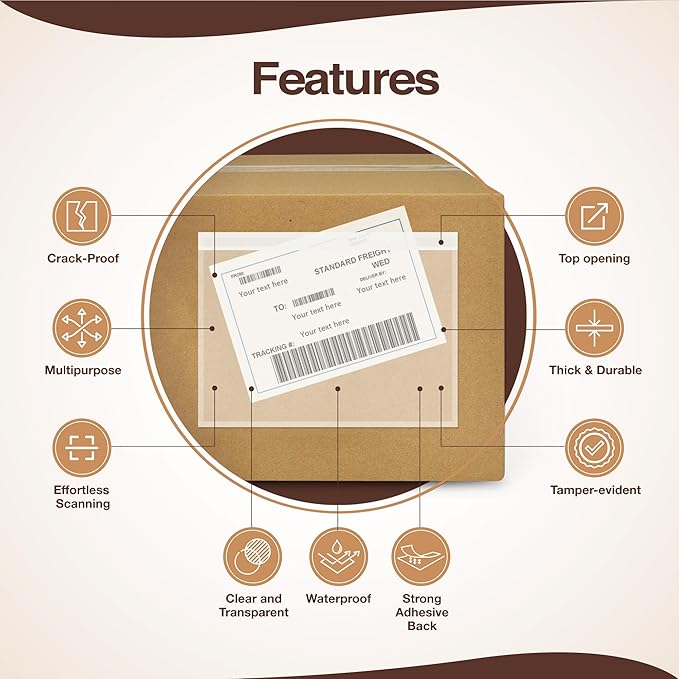 7x10 Shipping Label Sleeves 200 Pack- Strong Adhesive Back for Secure Package Labelling, Protects Documents with Packing Slip Pouches -Packing Sleeves for Mailing and Packaging -WaterProof and Durable
