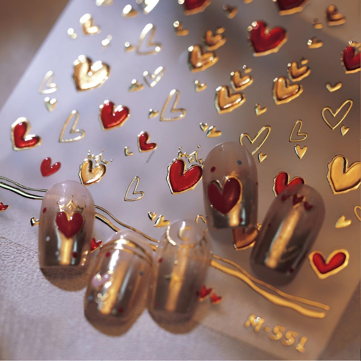 Red Valentine's Day Nail Stickers - 5D Embossed Heart Decals for Nail Art Design - Gold Heart Supplies for Women DIY Manicure Decoration
