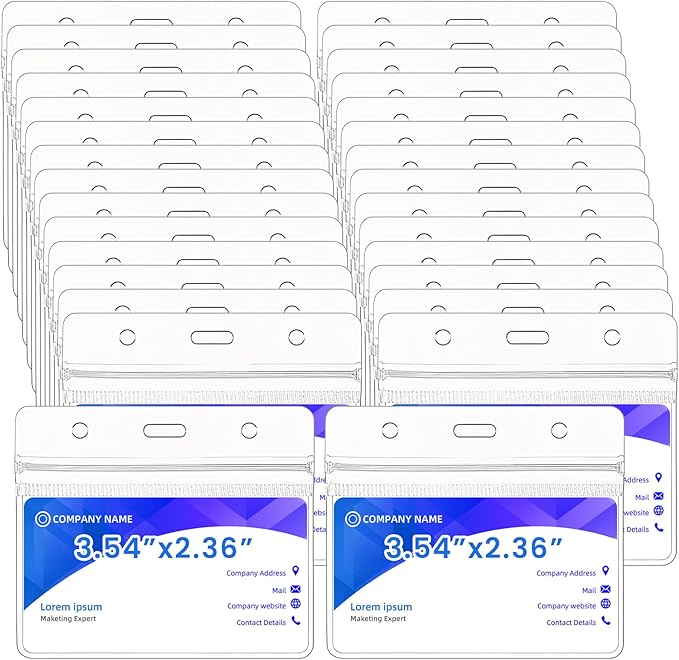 300 Pieces Clear Plastic Horizontal Name Badge ID Card Holders Horizontal Name Badge ID Card Holders with Waterproof Resealable Zip Transparent PVC Sleeve Cover for Office School
