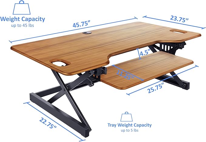 Rocelco 46" Large Height Adjustable Standing Desk Converter with Double Monitor Mount BUNDLE - Sit Stand Up Computer Workstation Riser - Retractable Keyboard Tray - Teak Wood Grain (R DADRT-46-DM2)