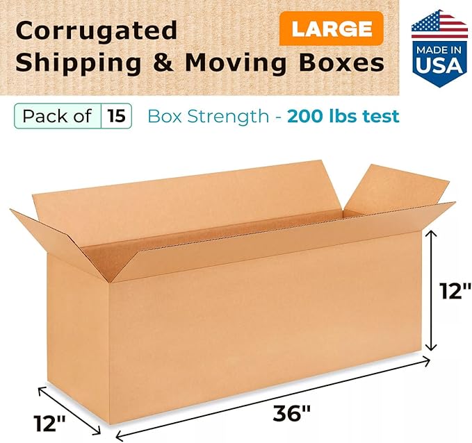 Exrta Large Shipping & Moving Boxes 36"L x 12"W x 12"H (15-Pack) - Extra Strength 200 lb vs Regular - Corrugated Packing Boxes for Moving - Easy-to-Recycle Cardboard Box by IDL Packaging