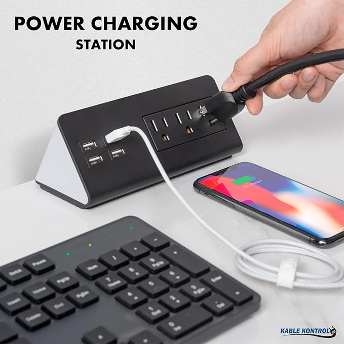 Kable Kontrol Desk Clamp Power Strip with 4 USB-A Ports, Nightstand Charging Station, 3 AC Outlets, Fast Charger, Easy Installation for Home, Offices, Hotels – 4.9 Ft, Black, 200 Pcs