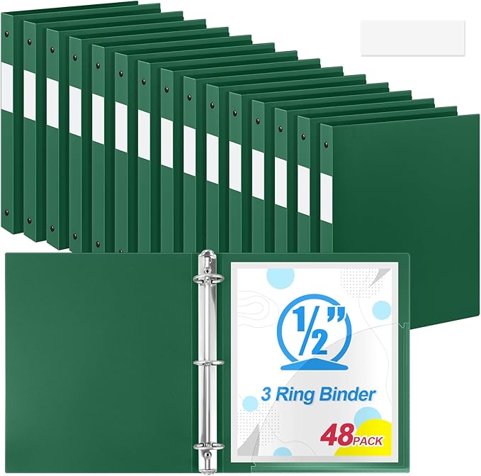 Henoyso 48 Pcs 3 Ring Binder 0.5 Inch Round Fits Letter Size 8.5'' x 11'' Paper Plastic Flexible Binder Bulk Holds 140 Sheets with 1 Pockets Versatile Organizer for Home Office School (Dark Green)