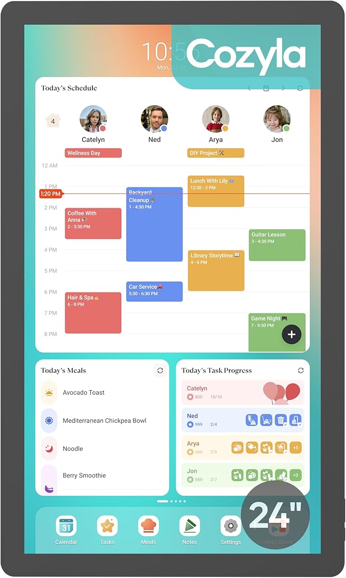 Cozyla Mate Digital Calendar+ 2: 24 Inch Wall Touch Screen Chore Chart Customizable Dashboard Smart Electronic Calendar for Family Schedules Meal Planner Supports All Google Play Apps Wall Mount Black