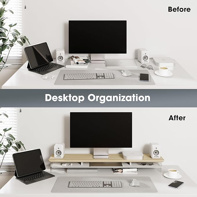 Fenge Acrylic Monitor Stand Riser, 42.5 Inches Dual Monitor Stand with Metal Storage, 2 Tier Acrylic Computer Riser for Desk, Clear Laptop Stand for PC, Laptop, Printer, TV, Oak
