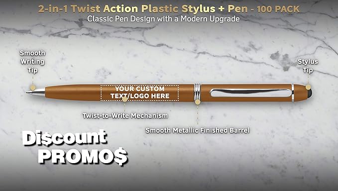 DISCOUNT PROMOS Custom Twist Action Plastic Stylus Pens, Set of 100, Personalized Bulk Pack - Pens for Work, Cool Pens for Writing, Black Ink - Gold
