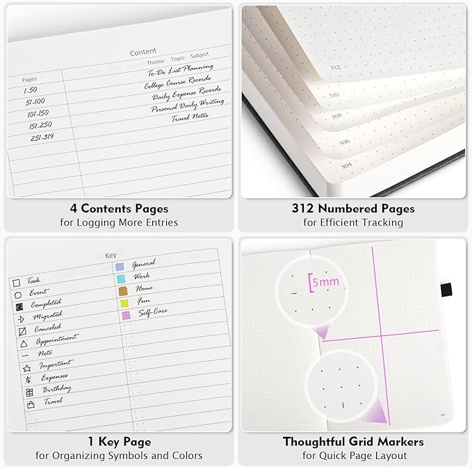 OFFIGIFT Dotted Journal Notebook, 312 Numbered Pages Large B5 Hardcover Leather Notebook, 100gsm No Bleed Paper Dot Grid Notebook with Index Pages, Dot Journal for Women Men, 7.6'' X 10'', Burgundy