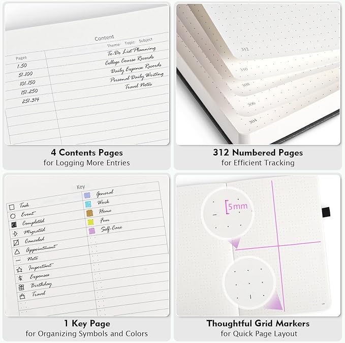 OFFIGIFT Dotted Journal Notebook, 312 Numbered Pages Large B5 Hardcover Leather Notebook, 100gsm No Bleed Paper Dot Grid Notebook with Index Pages, Dot Journal for Women Men, 7.6'' X 10'', Pink