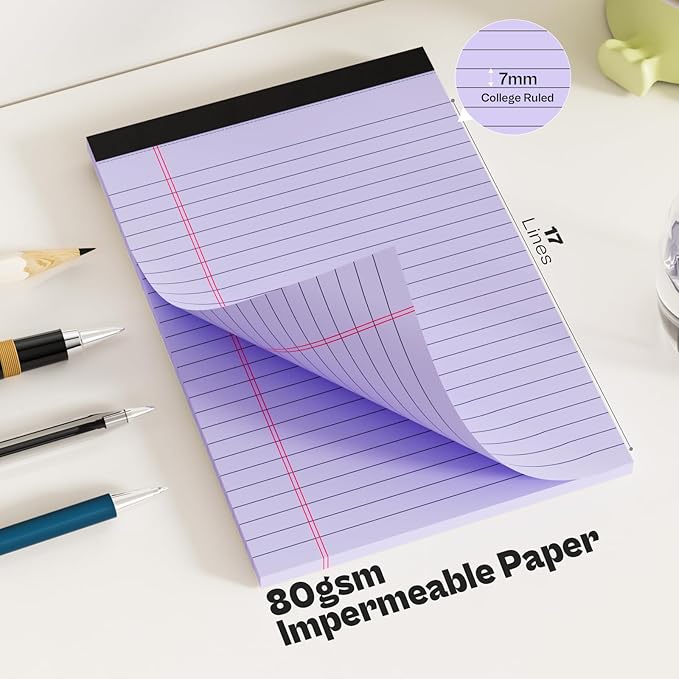 4 Pack Note Pads 5 x 8 Inch Purple Small Legal Pads 5 x 8 Colored Notepad 5 x 8 Perforated Writing Pads Lined Paper Pads College Ruled Pad Paper 30 Sheets Notebook for Study, To-Do Lists, Office