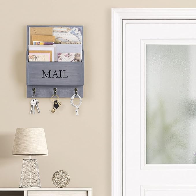 DLQuarts Mail Organizer with Key Holder for Wall Decorative Mail Sorter Wall Mounted, Wooden Mail Holder with 3 Hooks, Gray