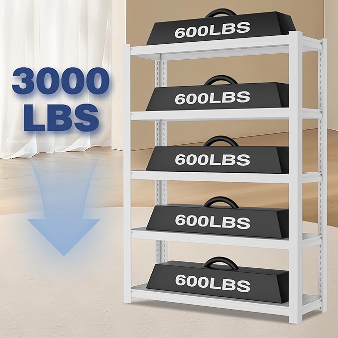 WORKPRO 3000lbs 5-Tier Shelving Unit, 72" H Adjustable Storage Shelves, Boltless Garage Shelving Unit for Garage, Kitchen, Durable Scratch-Resistant Panels, White