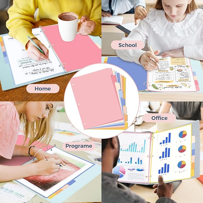 SUNEE 8 Tab Binder Dividers,Plastic Dividers for 3 Ring Binder,3 Ring Binder Dividers with Tabs for School Office Home Supplies,Pastel Color, 5 Set