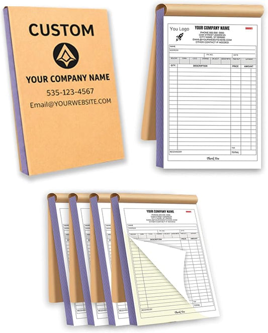 Custom Carbonless Invoice Book with Logo, Personalized Cover & Inner Pages, 2 Part NCR Receipt & Work Order Forms, Easy Tear, Writing Shield for Small Business (2-part [White/Yellow], 10.24*7.48INCH)