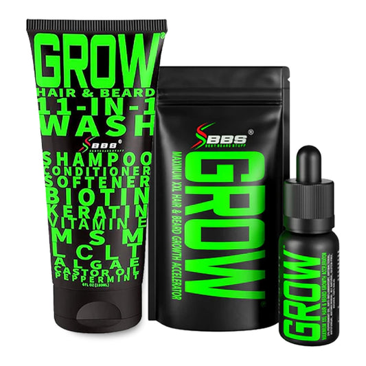 Beard Growth Kit w/GROW XXL Beard Serum for Maximum Facial Hair & Conditioner + GROW 11-in-1 Mens Shampoo & Conditioner (Hair Growth Shampoo for Men w/Biotin) - Formulated in America