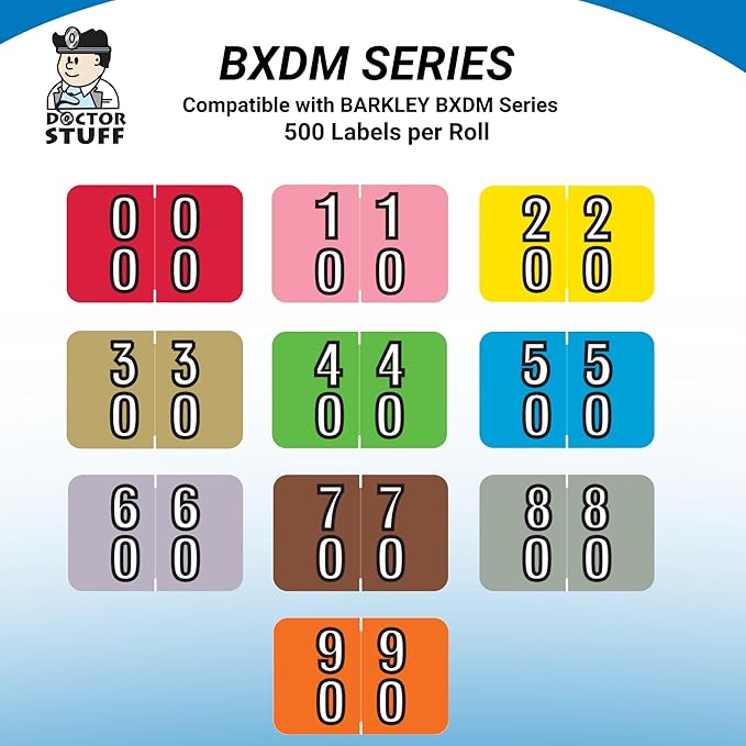 Doctor Stuff - File Folder Labels, Terminal Digit Filing, Consecutive Double Digit Numbers 00-09, Barkley FDDBM Match - BXDM Series Chart Stickers, Red, 1" x 1-1/2", 500/Roll