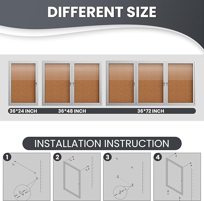 36"x24" Lockable Enclosed Bulletin Board, Outdoor Cork Weather-Resistant Aluminum Frame Notice Board, Wall Mounted Display Case Acrylic Doors for School,Office,Silver Frame w/Cork