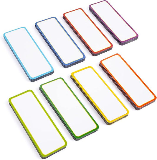 Availey 48 Pieces (3.2 x 1.2) - Colored Border Magnetic Dry Erase Labels - Reusable Strips for Classroom Home Office Garage Refrigerator Blank Writable Erasable Cards Name Tags Students Locker Shelf