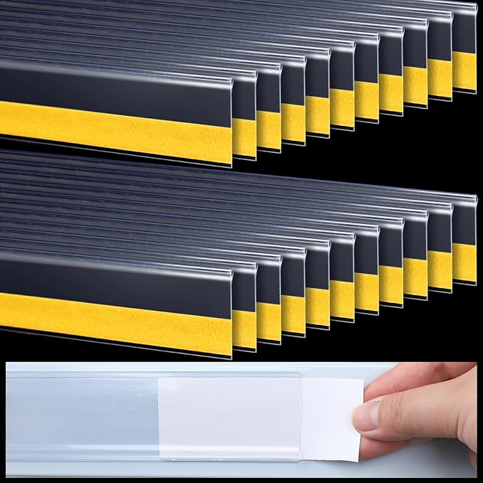 Fainne 100 Pcs Shelf Label Strips 1.5''H x 48 L Self Adhesive Shelf Label Holder Gondola Price Tag Stick on Plastic Clear Ticket Channel for Metal Wood Plastic Rack