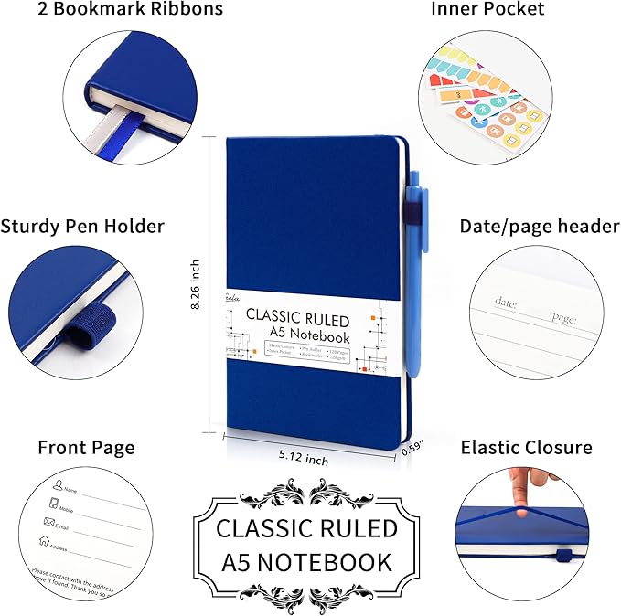 feela College Ruled Notebooks, 18 Pack Business Notebook Bulk Hardcover Lined Writing Journal with Pen Holder for Men Women Note Taking, with 18 Black Pens, 120 GSM, 5.1”x8.3”, A5, Navy