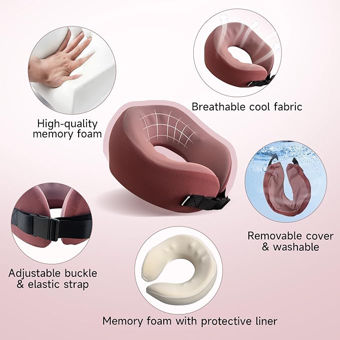 SPRFUFLY Super Soft Travel Pillow, 100% Memory Airplane Pillow with Sleep Mask and Ear Plugs, Breathable Removable Cover & Ergonomic Design - Essentials Neck Pillow for Airplane, Office & Home Use